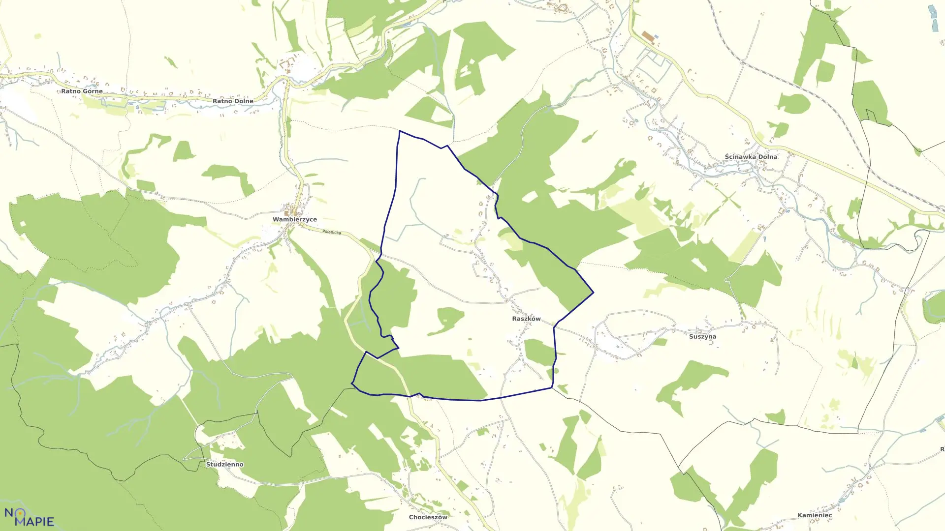 Mapa obrębu Raszków w gminie Radków